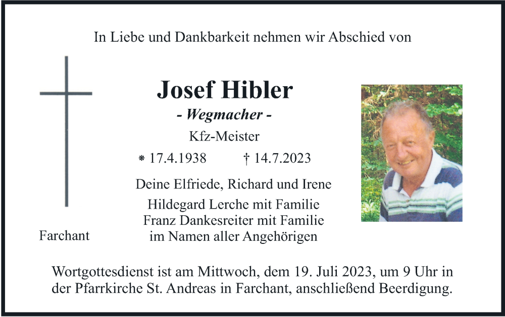  Traueranzeige für Josef Hibler vom 15.07.2023 aus merkurtz