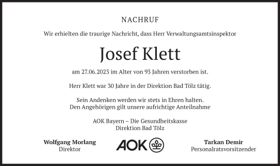 Traueranzeige von Josef Klett von merkurtz