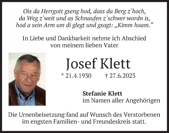 Traueranzeige von Josef Klett von merkurtz