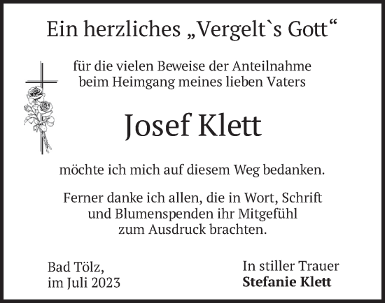 Traueranzeige von Josef Klett von merkurtz