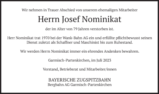 Traueranzeige von Josef Nominikat von merkurtz