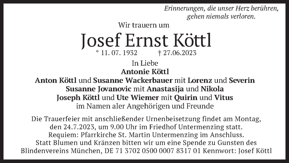  Traueranzeige für Josef Ernst Köttl vom 22.07.2023 aus merkurtz