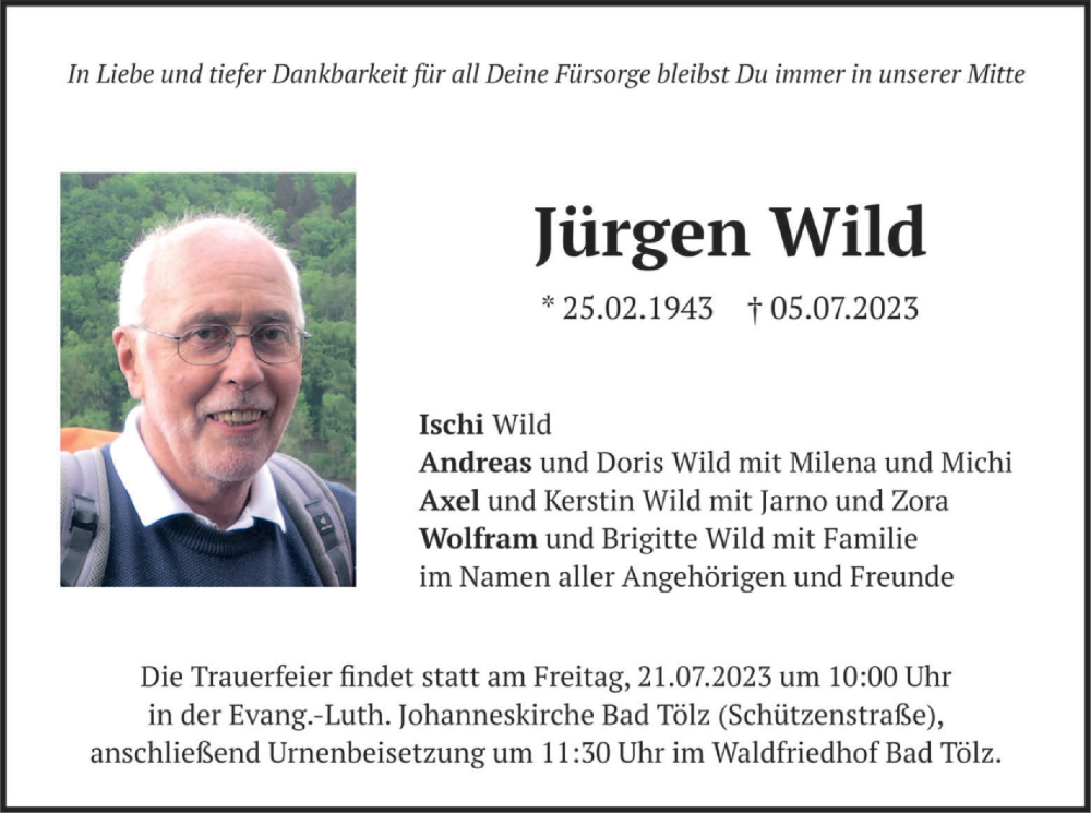  Traueranzeige für Jürgen Wild vom 15.07.2023 aus merkurtz