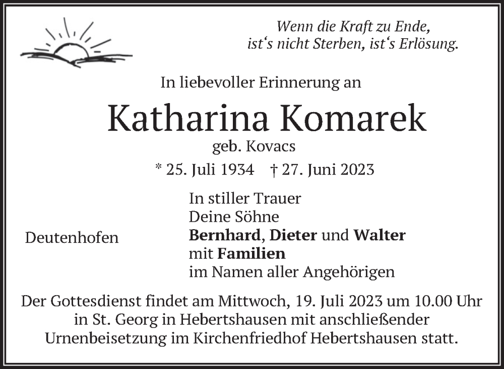  Traueranzeige für Katharina Komarek vom 08.07.2023 aus merkurtz