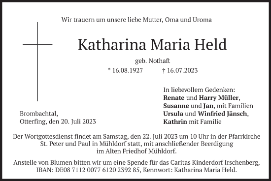 Traueranzeige von Katharina Maria Held von merkurtz