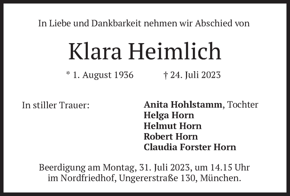  Traueranzeige für Klara Heimlich vom 29.07.2023 aus merkurtz