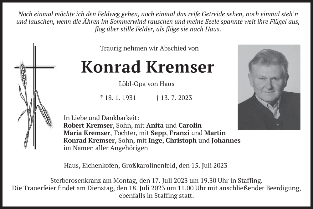  Traueranzeige für Konrad Kremser vom 15.07.2023 aus merkurtz