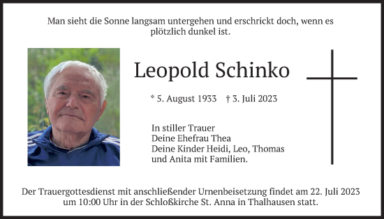 Traueranzeige von Leopold Schinko von merkurtz