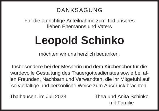 Traueranzeige von Leopold Schinko von merkurtz