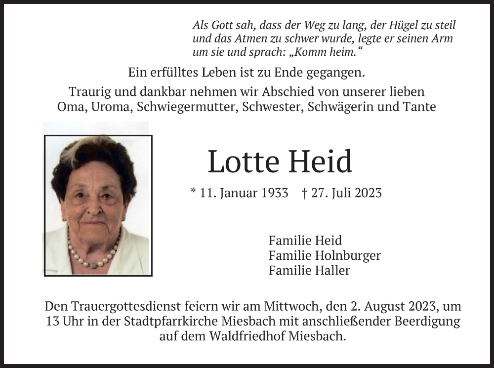  Traueranzeige für Lotte Heid vom 29.07.2023 aus merkurtz
