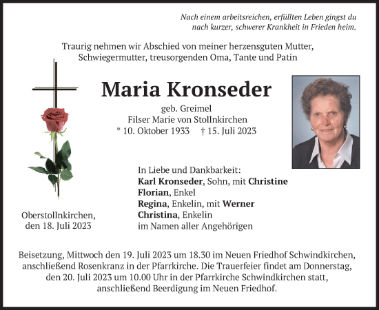 Traueranzeige von Maria Kronseder von merkurtz