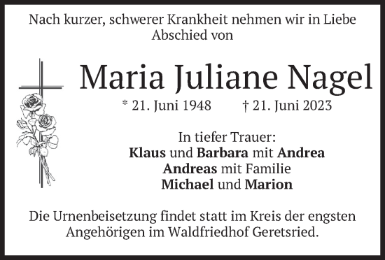 Traueranzeige von Maria Juliane Nagel von merkurtz