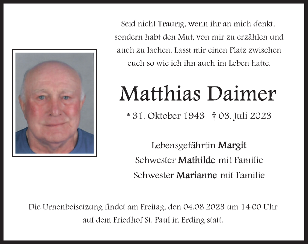  Traueranzeige für Matthias Daimer vom 29.07.2023 aus merkurtz
