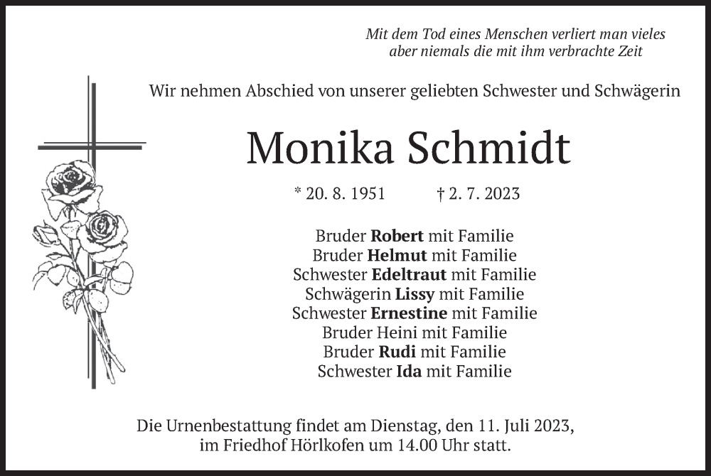  Traueranzeige für Monika Schmidt vom 08.07.2023 aus merkurtz