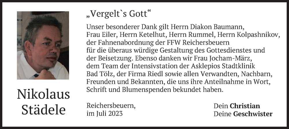  Traueranzeige für Nikolaus Städele vom 29.07.2023 aus merkurtz