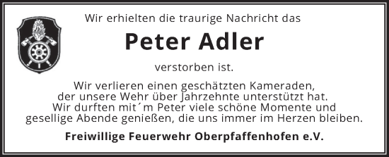 Traueranzeige von Peter Adler von merkurtz