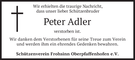 Traueranzeige von Peter Adler von merkurtz