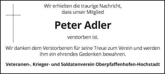 Traueranzeige von Peter Adler von merkurtz