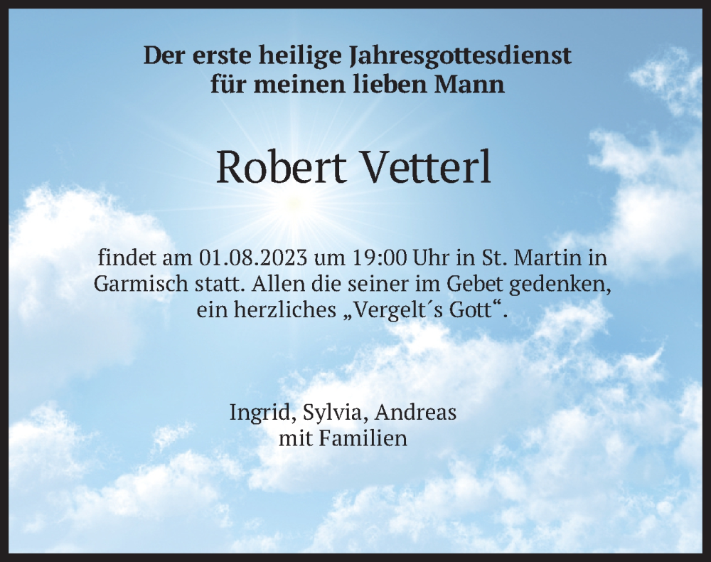  Traueranzeige für Robert Vetterl vom 29.07.2023 aus merkurtz