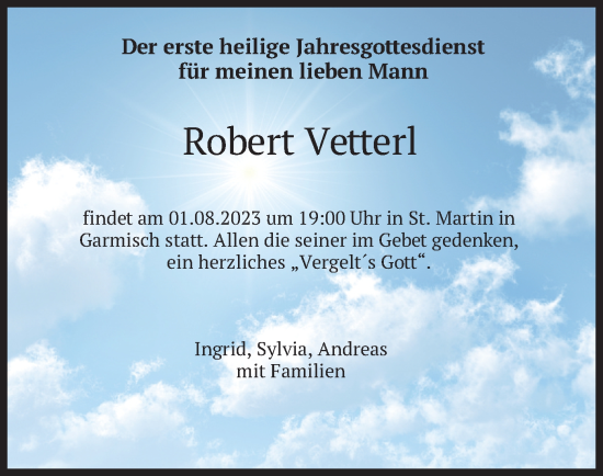 Traueranzeige von Robert Vetterl von merkurtz