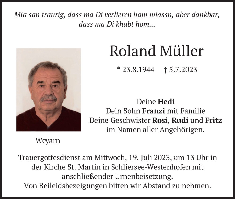  Traueranzeige für Roland Müller vom 15.07.2023 aus merkurtz