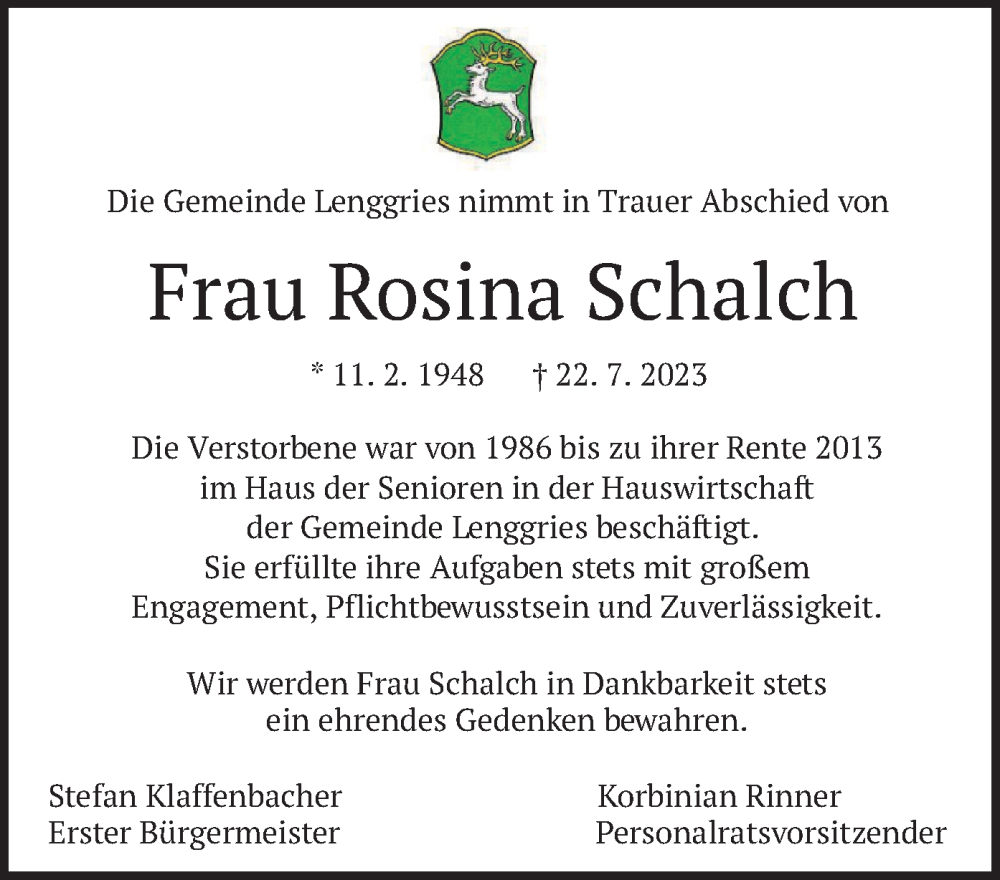  Traueranzeige für Rosina Schalch vom 27.07.2023 aus merkurtz