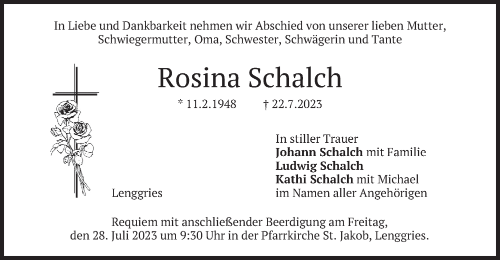  Traueranzeige für Rosina Schalch vom 26.07.2023 aus merkurtz