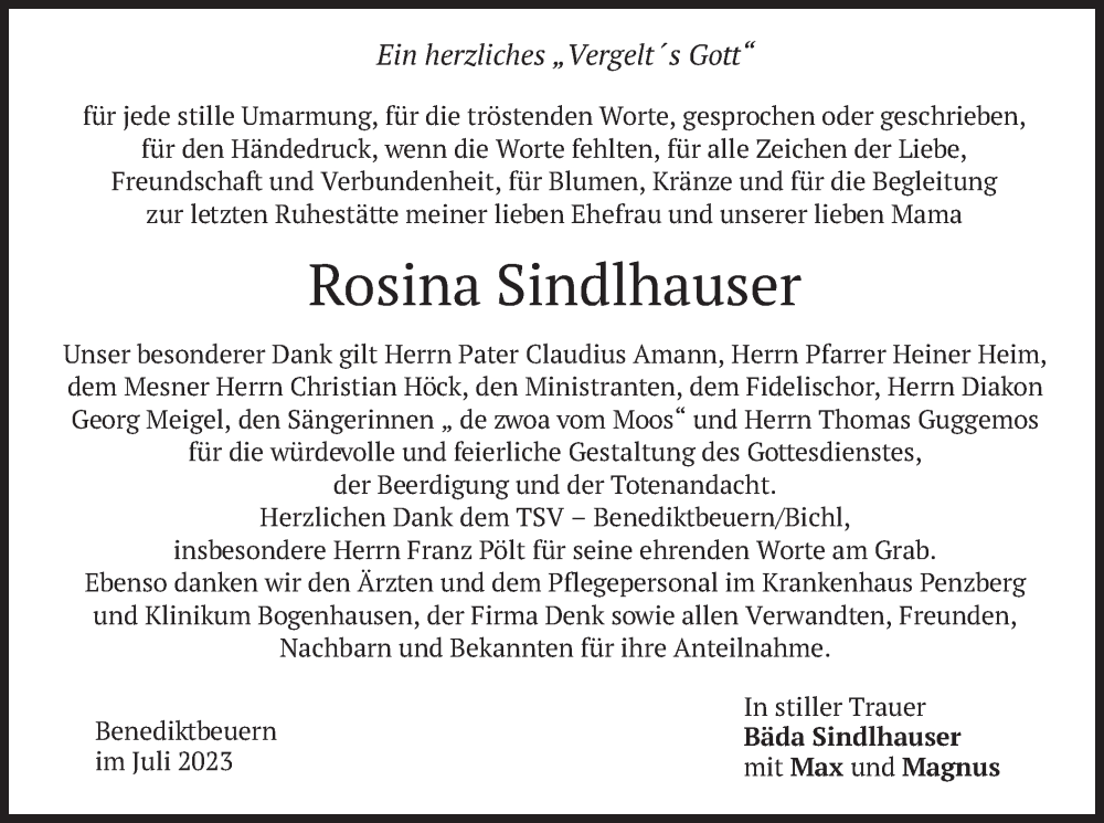  Traueranzeige für Rosina Sindlhauser vom 14.07.2023 aus merkurtz