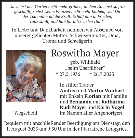 Traueranzeige von Roswitha Mayer von merkurtz