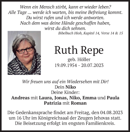 Traueranzeige von Ruth Repe von merkurtz