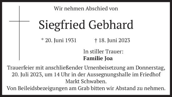 Traueranzeige von Siegfried Gebhard von merkurtz