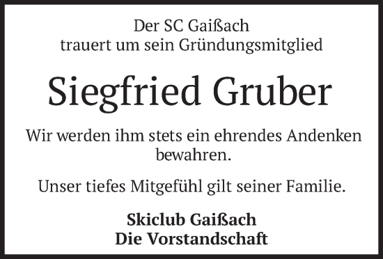 Traueranzeige von Siegfried Gruber von merkurtz