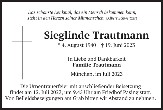 Traueranzeige von Sieglinde Trautmann von merkurtz