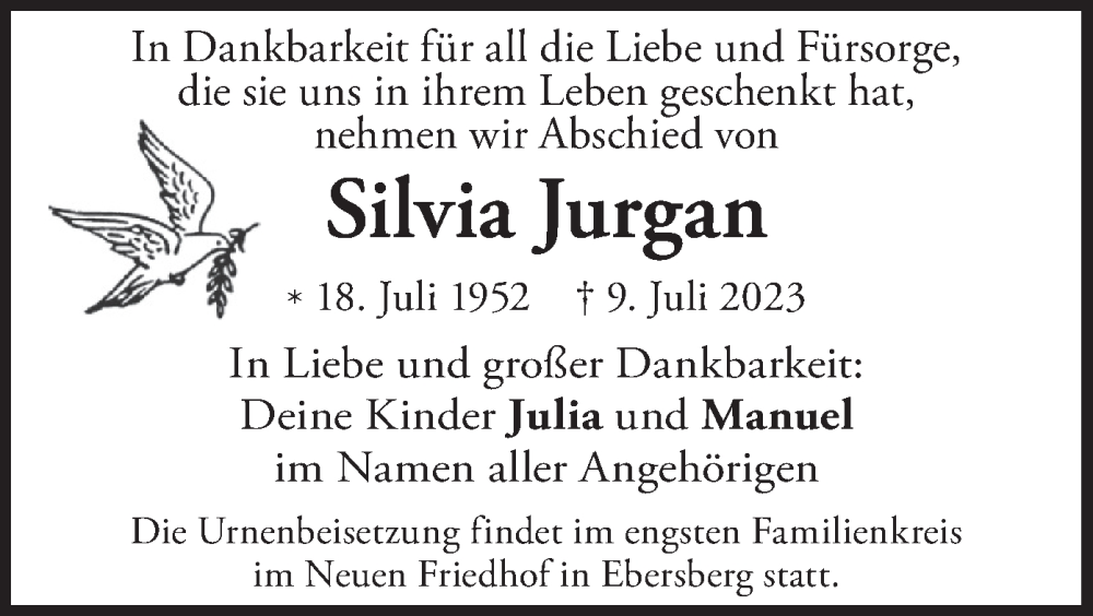  Traueranzeige für Silvia Jurgan vom 22.07.2023 aus merkurtz