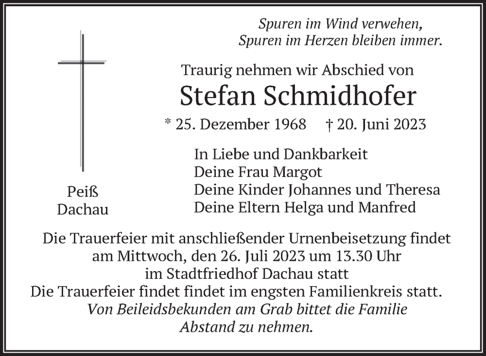  Traueranzeige für Stefan Schmidhofer vom 22.07.2023 aus merkurtz