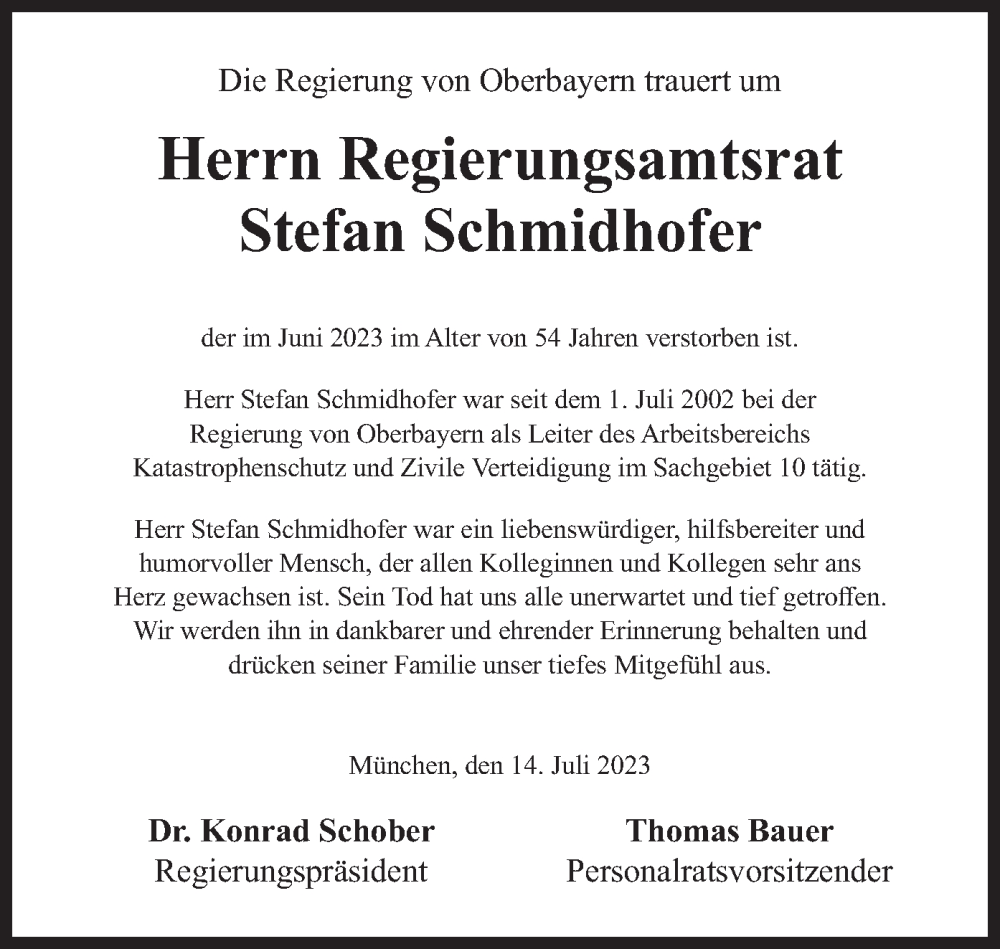  Traueranzeige für Stefan Schmidhofer vom 15.07.2023 aus merkurtz