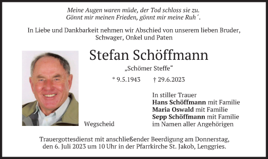 Traueranzeige von Stefan Schöffmann von merkurtz