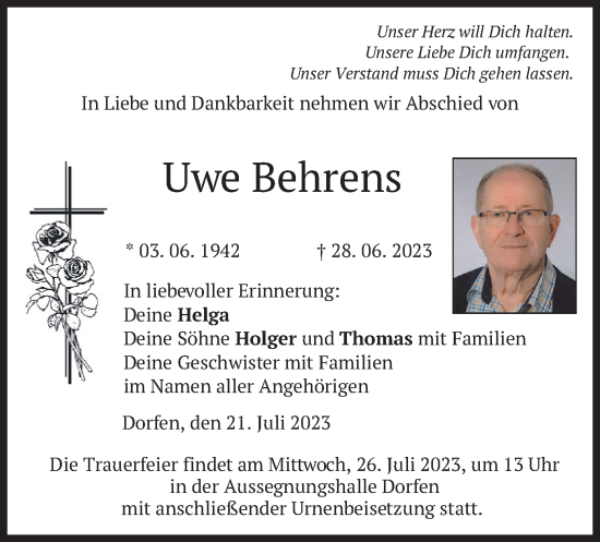 Traueranzeige von Uwe Behrens von merkurtz