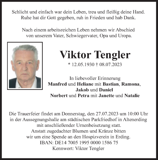 Traueranzeige von Viktor Tengler von merkurtz