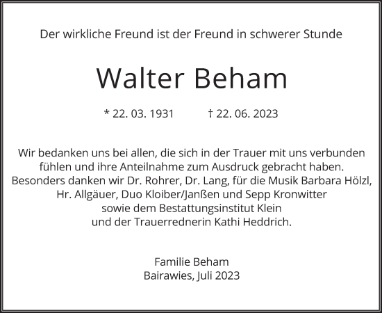 Traueranzeige von Walter Beham von merkurtz