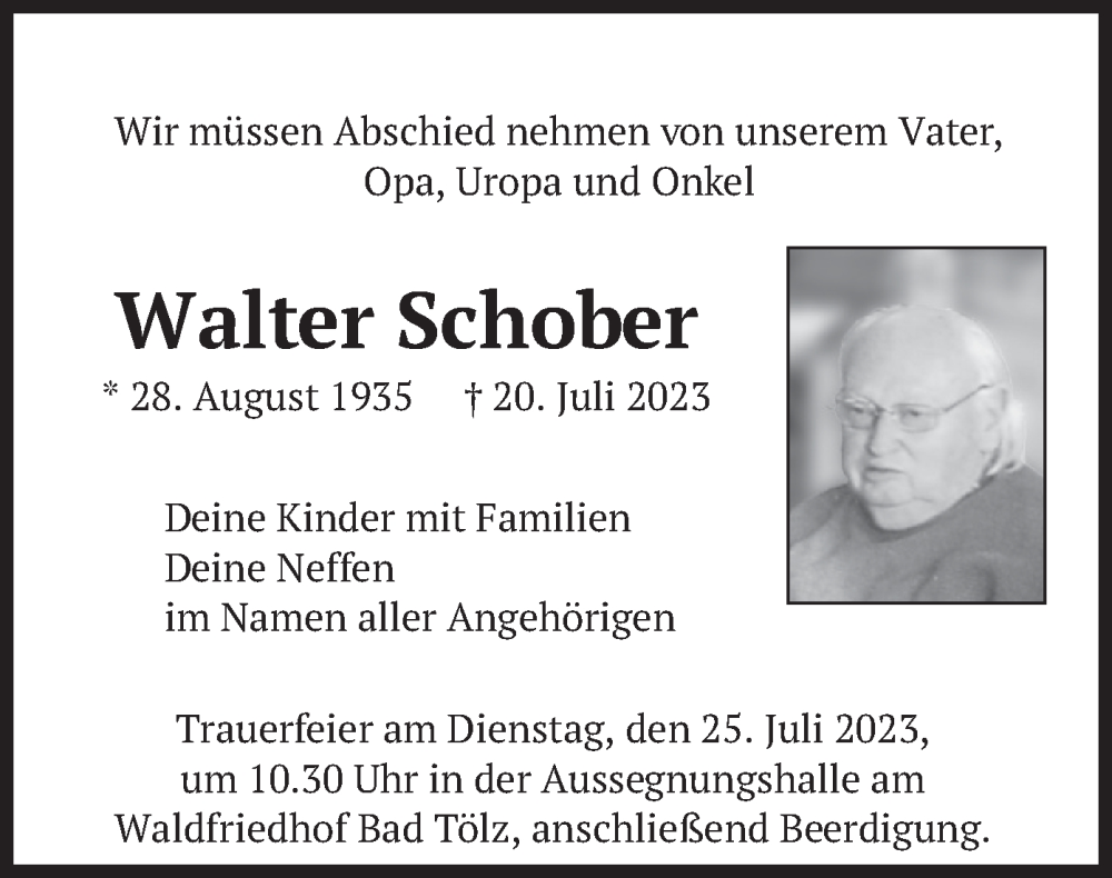  Traueranzeige für Walter Schober vom 22.07.2023 aus merkurtz