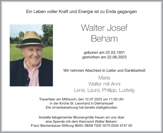 Traueranzeige von Walter Josef Beham von merkurtz