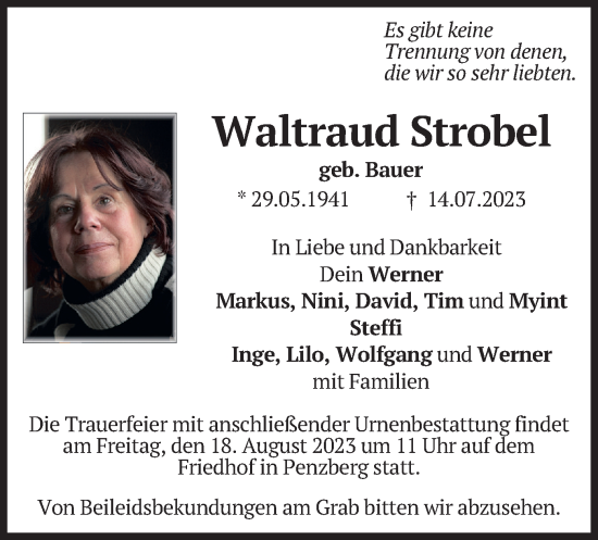 Traueranzeige von Waltraud Strobel von merkurtz