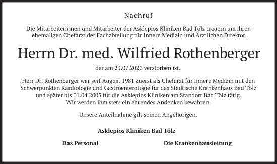 Traueranzeige von Wilfried Rothenberger von merkurtz