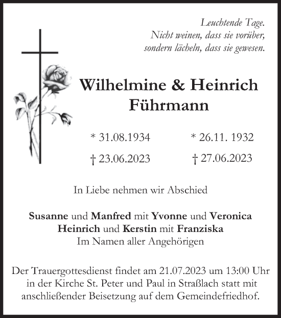 Traueranzeige von Wilhelmine und Heinrich Führmann von merkurtz