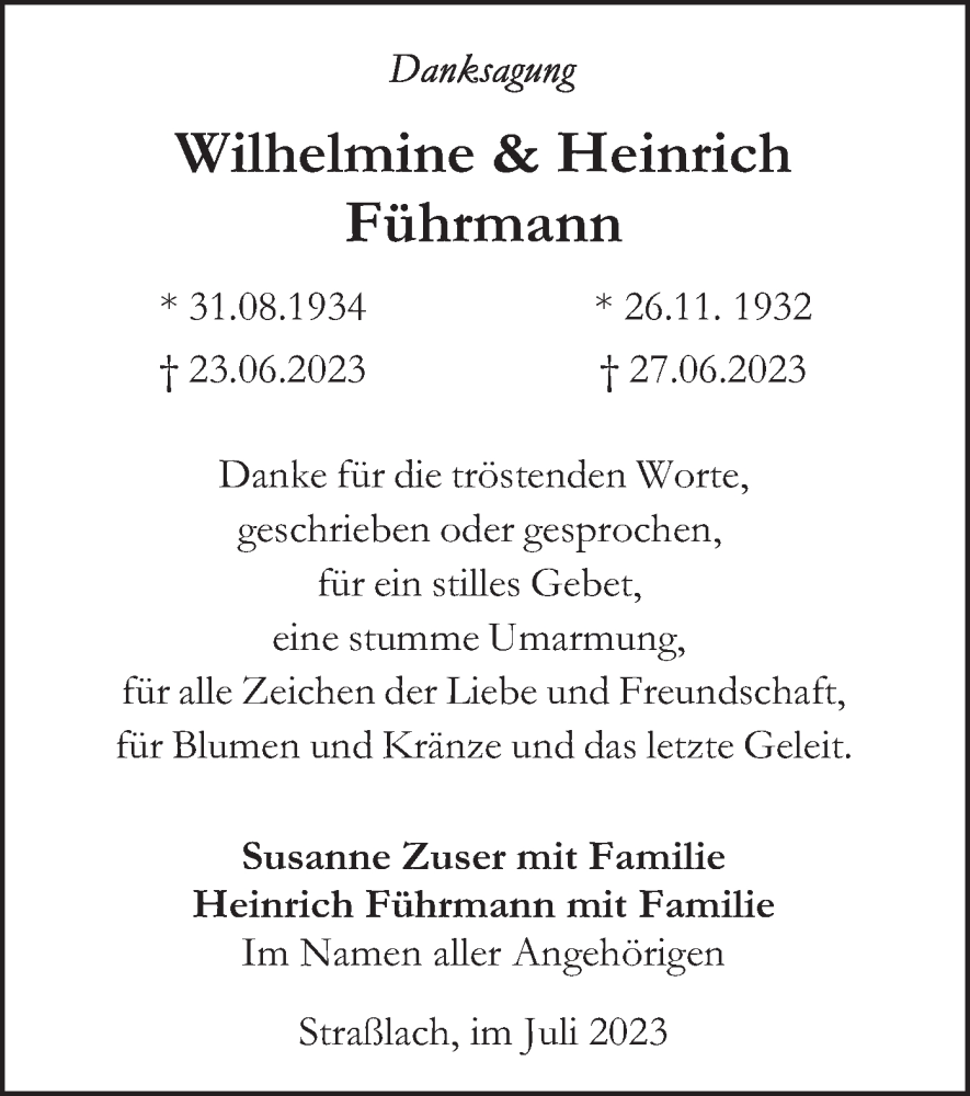  Traueranzeige für Wilhelmine und Heinrich Heinrich vom 29.07.2023 aus merkurtz