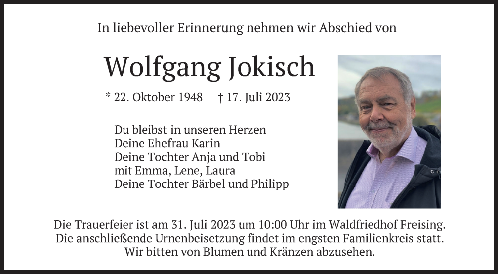  Traueranzeige für Wolfgang Jokisch vom 22.07.2023 aus merkurtz