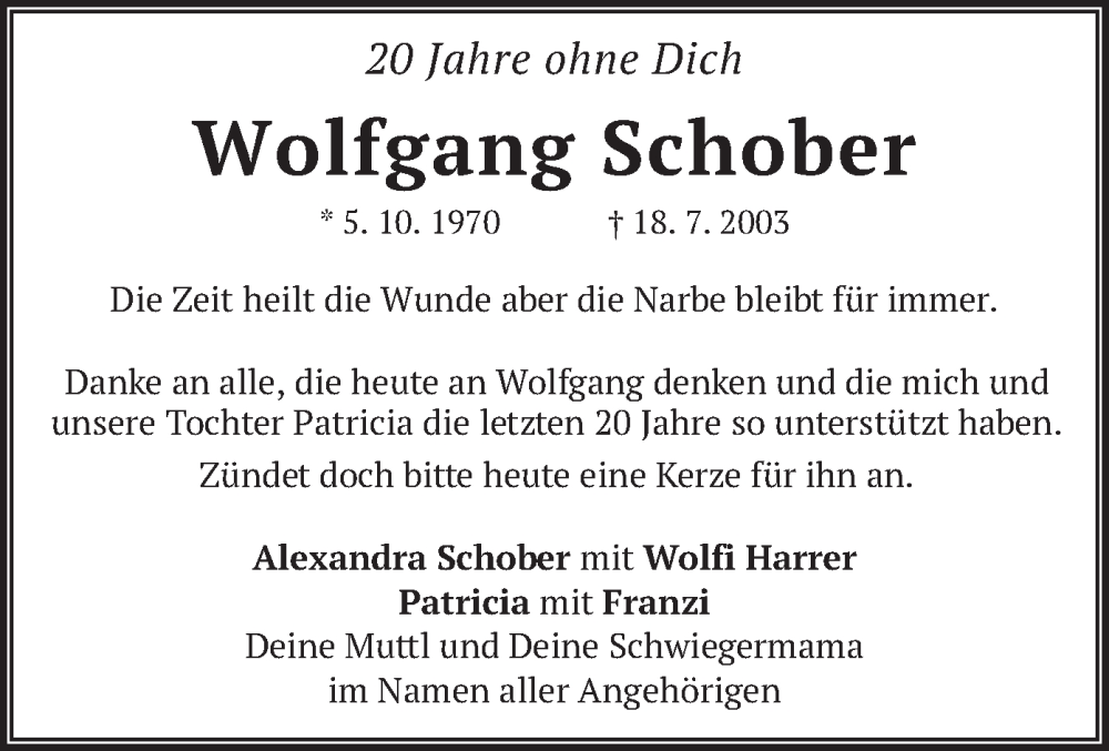  Traueranzeige für Wolfgang Schober vom 18.07.2023 aus merkurtz