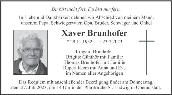 Traueranzeige von Xaver Brunhofer von merkurtz