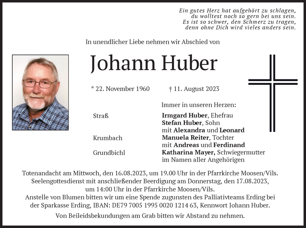  Traueranzeige für Johann Huber vom 16.08.2023 aus MERKURTZ